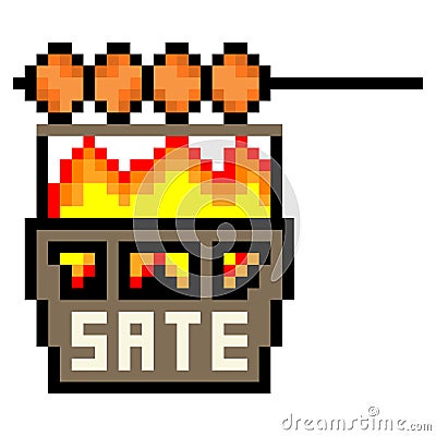 Pixel art with satay on the grill fire. Indonesia food satay Vector Illustration
