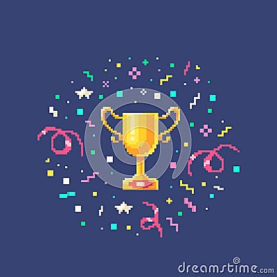 Pixel art set gold winner cup with confetti burst Vector Illustration