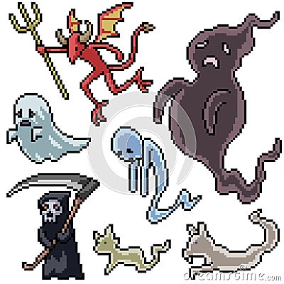 pixel art set death demon spirit Vector Illustration