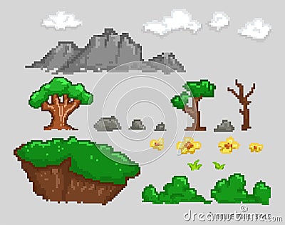Pixel art set of nature element illustration.,Pixel forest set. Retro 8 bit video game UI elements Vector Illustration