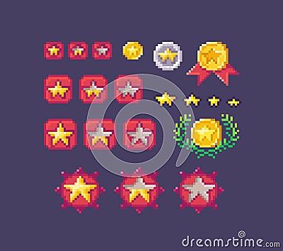 Pixel art set of star rating buttons different sizes Vector Illustration