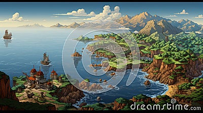 32k Uhd Pixel Art Archipelago With Majestic Windmill Stock Photo