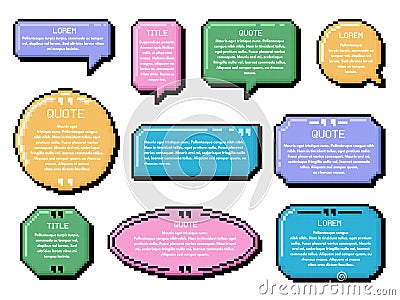 Pixel art speech bubble. Dialogue boxes, retro 8 bit arcade game style quotes and UI message frames vector template set Cartoon Illustration