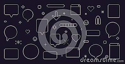Pixel art speech bubbles. 8 bit text boxes with hearts, arrow and sparkles. Rectangle and circle line chat frames. Dialog balloon Vector Illustration