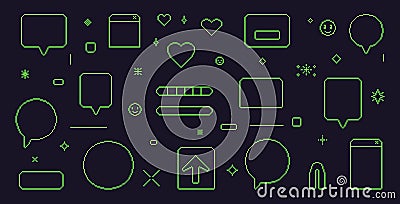 Pixel art speech bubbles. 8 bit text boxes with hearts, arrow and stars. Rectangle and round chat frames. Dialog balloon icons in Vector Illustration
