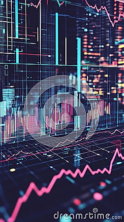 Pixel art stock performance graph with retro aesthetic and dynamic animation. Stock Photo