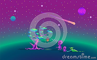 Pixel art story about aliens. Vector Illustration
