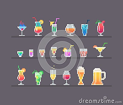 Pixel art style alcohol drinks and cocktails set Vector Illustration