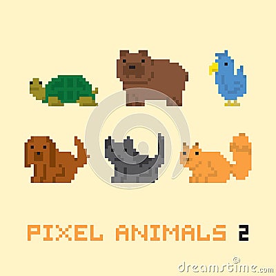 Pixel art style animals cartoon vector set 2 Vector Illustration