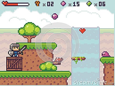 Pixel art style, character in game arcade play vector. Man with sharp sword fighting against enemy Vector Illustration