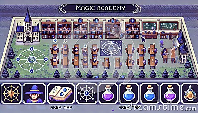 A pixel art-style fantasy game interface for a magic academy campus, featuring classrooms, libraries, and alchemy labs Cartoon Illustration