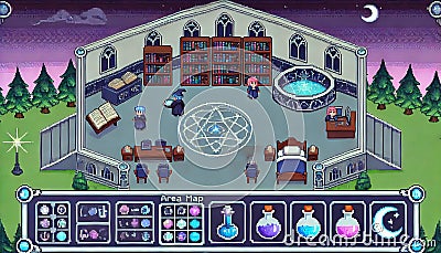 A pixel art-style fantasy game interface for a magic academy campus, featuring classrooms, libraries, and alchemy labs Cartoon Illustration