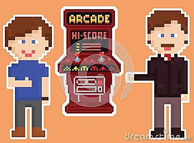 Pixel art style red arcade cabinet with two gamers Vector Illustration