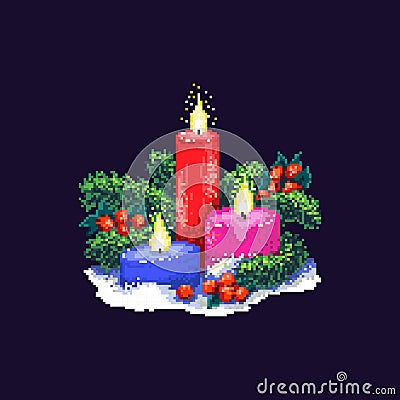 Pixel art. Three burning candles, fir trees, and holly berries. Christmas and new year composition. Vector Illustration