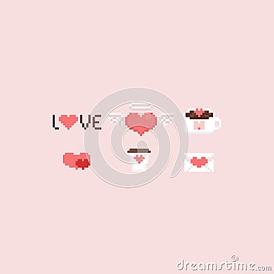 Pixel valentine elements set.Valentine`s day.8bit. Stock Photo