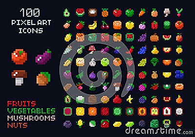 Pixel art vector game design icon video game interface set. Fruits, vegetables, mushrooms, nuts. Isolated retro arcade Vector Illustration