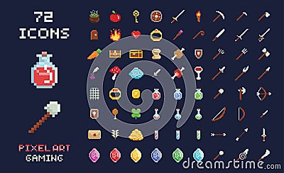 Pixel art vector game design icon video game interface set. Weapons, food, items, potion, magic. Vector Illustration