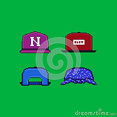 Pixel art vector illustration icon set. Baseball cap, front and back, bandana head accessories. Game assets 8-bit Vector Illustration