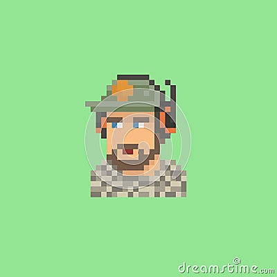 Pixel art vector illustration of a young man with a beard wearing a baseball cap and a black headset, game streamer on Vector Illustration