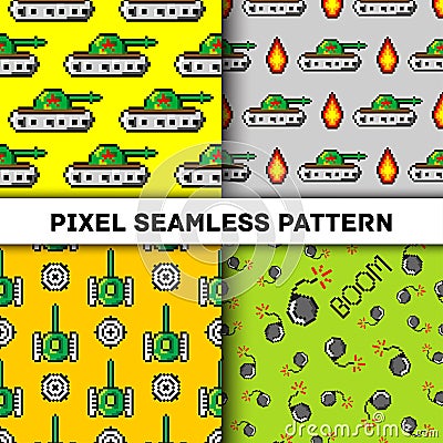 Pixel art vector objects to Fashion seamless pattern. Background with tanks, boom, for boys. trendy 80s-90s style Vector Illustration
