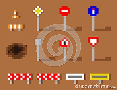 Pixel Art Vector Road Sign Icon set brown road Vector Illustration