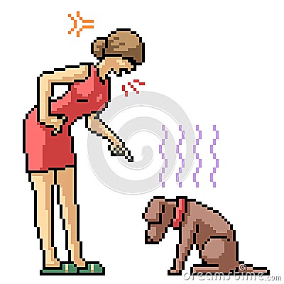 Pixel art woman scold dog Vector Illustration