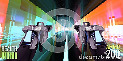 Pixel artwork illustration of sci-fi futuristic shooter game Cartoon Illustration