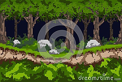 Pixel background with a dark forest, a path along the ravine and thickets of bushes with stones. Vector Illustration