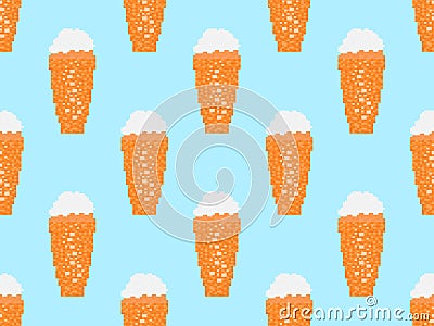 Pixel beer seamless pattern. Glass of beer pixel art. 8 bit mug, pixel drinks. Graphic style of video games from the 90s. Design Vector Illustration