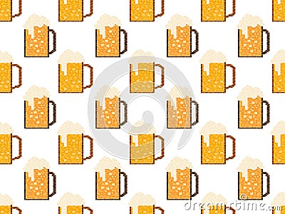 Pixel beer seamless pattern. Glass of beer pixel art. 8 bit mug, pixel drinks. Graphic style of video games from the 90s. Design Vector Illustration