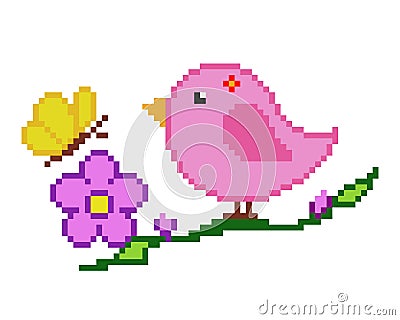 Pixel bird image in a tree. pink bird for pattern vector Vector Illustration