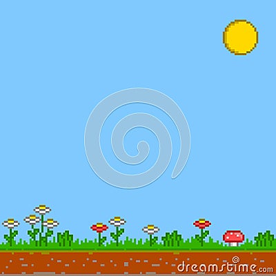 Pixel 8 bit game background. Vector sunny day. Stock Photo