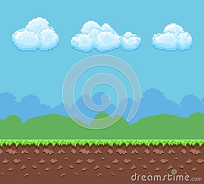 Pixel 8bit game vector background with ground and cloudy sky panorama Vector Illustration