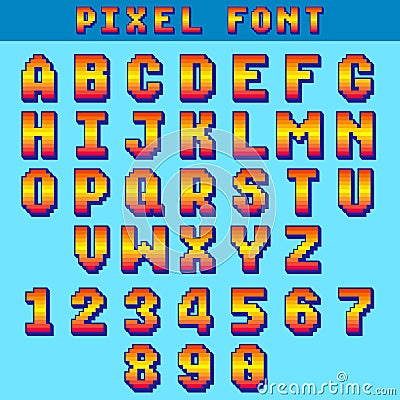 Pixel 8 bit letters and numbers vector game font, digital alphabet, typeface Vector Illustration