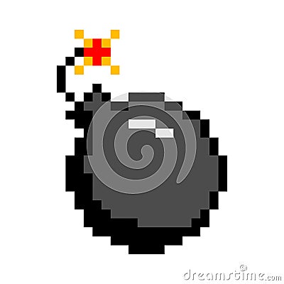 Pixel bomb with burning wick icon. Black dynamite weapon ready to explode Vector Illustration