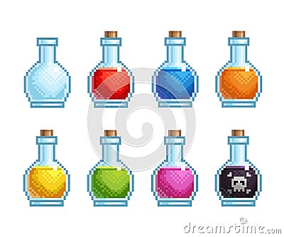 Pixel bottles with different potions Stock Photo