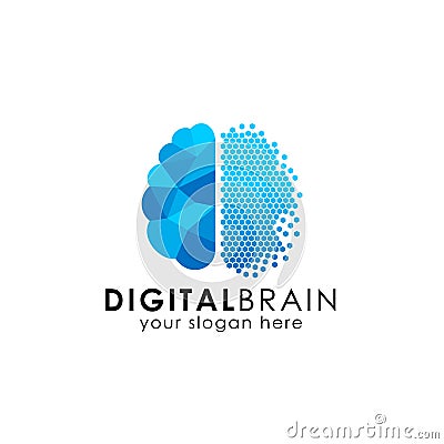 Pixel brain logo design. digital brain logo design in pixel art Vector Illustration