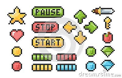 Pixel buttons. Retro video games trophy pictogram menu bars ui elements vector pixel set Vector Illustration