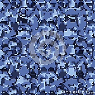 Pixel camouflage pattern background, seamless vector illustration. Blue, sea colors, marine texture. Vector Illustration