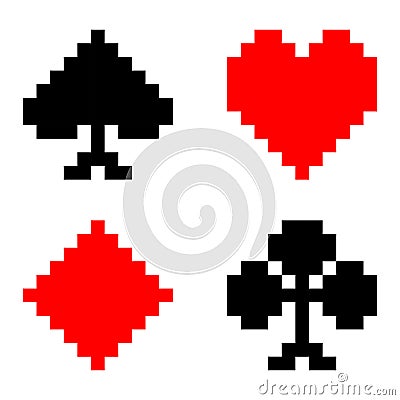 Pixel Card poker image, pikes,spades,clovers,hearts,tiles,diamonds. Vector Illustration