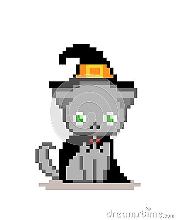 pixel cat wearing a witch suit. vector illustration Vector Illustration