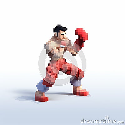 Pixel Character Punching In Street Fighter Style - Voxel Art Stock Photo