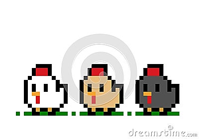 Pixel chicken for game assets. Vector Illustration