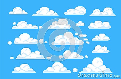 Pixel cloud. Game animation 8bit sky, digital cloudy retro scene, flying white computer clouds on blue sky, 16-bit Vector Illustration