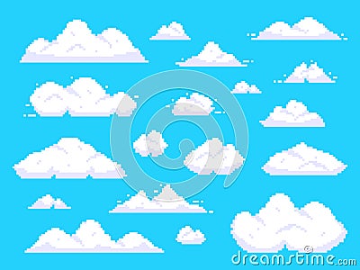 Pixel clouds. Retro 8 bit blue sky aerial cloud pixel art background vector illustration Vector Illustration