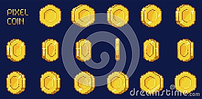 Pixel coin animation sprite. Retro 8 bit game money golden coins and bonus objects, 2d arcade video game asset. Vector golden Vector Illustration