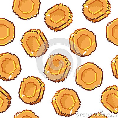Pixel coin seamless pattern. Retro 8 bit golden coins arcade game background, old video game graphic element. Vector Vector Illustration