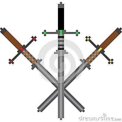 Pixel composition of three crossed swords Vector Illustration