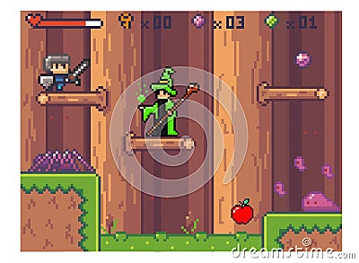 Pixel computer game interface. Wizard in mantle waiting for the hero. Knight goes down the platforms Stock Photo