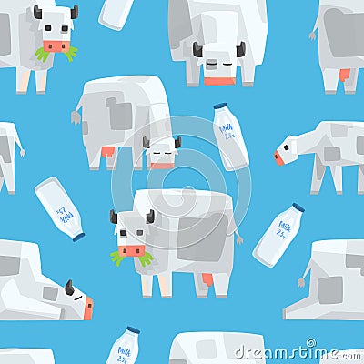 Pixel Cow and Milk Bottle Seamless Pattern, Natural Dairy Products, Textile, Wallpaper, Wrapping Paper, Background Vector Illustration